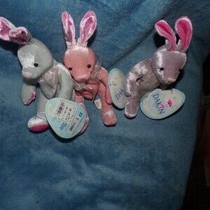 lot of 3 Dakin plush small pastel Easter bunnies rabbits with tags pink blue +1